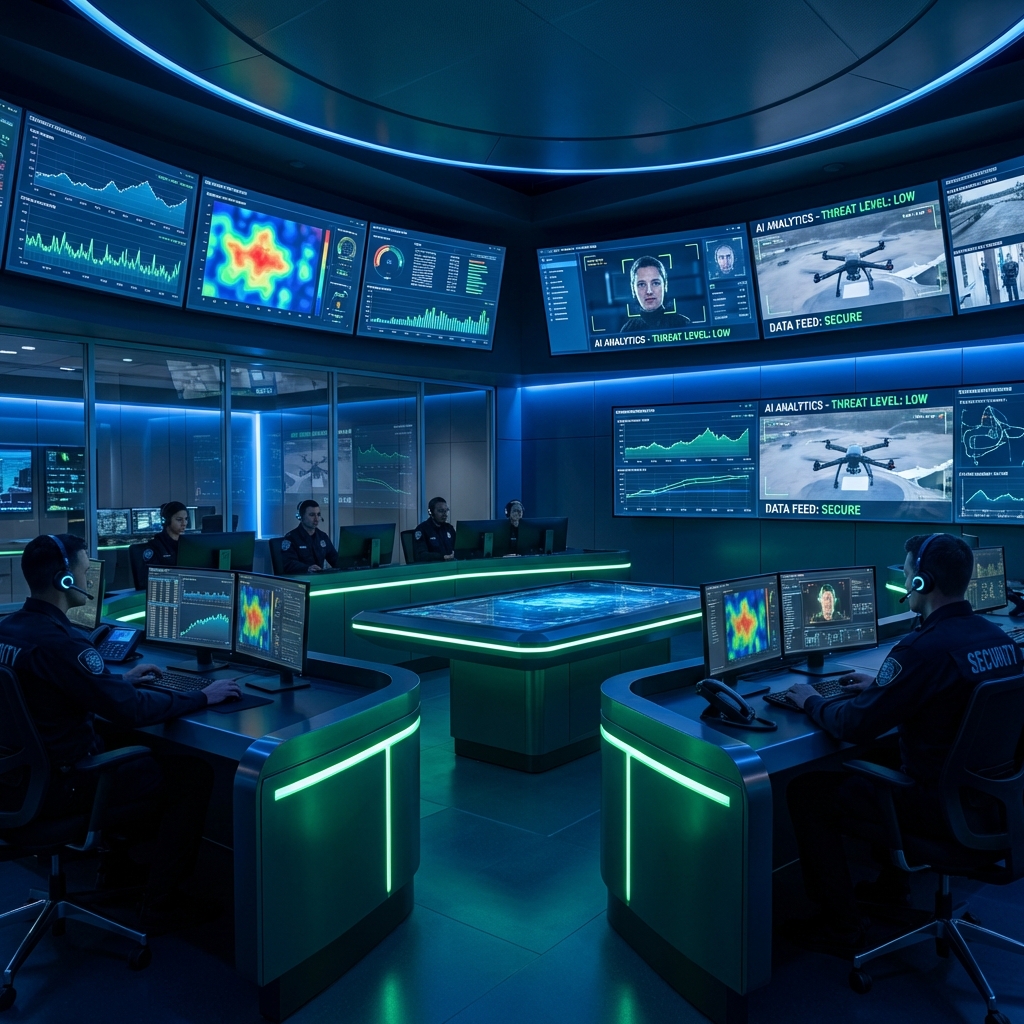 Centro de monitoreo futurista con analítica IA