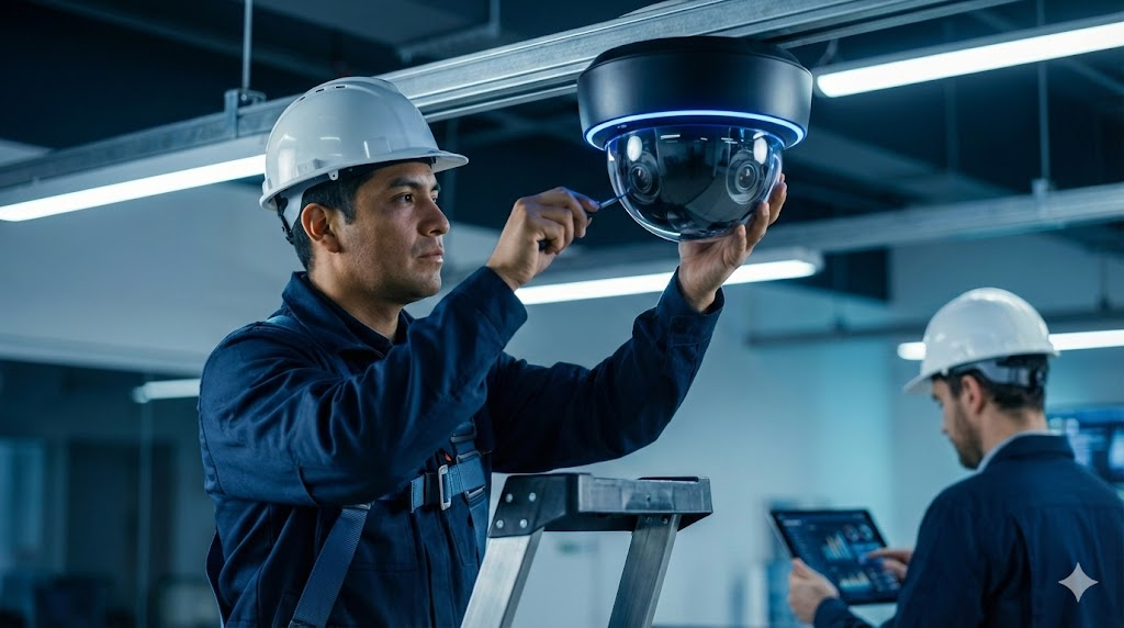 Ingenieros de Vigilox instalando cámara CCTV de alta tecnología - Seguridad electrónica profesional en Chile